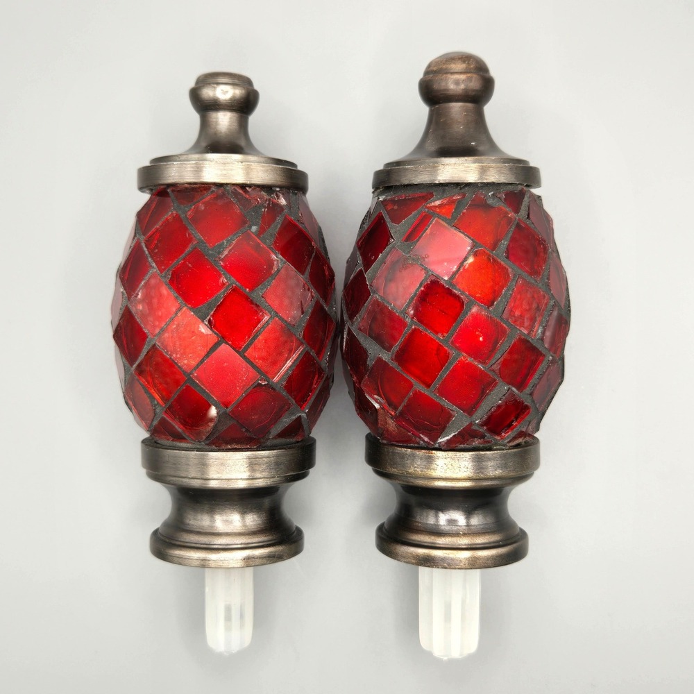 Red Mosaic Glass Curtain Rod Finials Set of 2 Antique Bronze Finish Urn Style